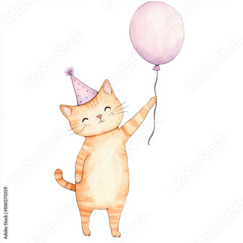 Adorable Cat with Balloon in Watercolor Style