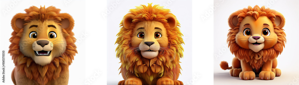 Three cartoon lion cubs in various poses, isolated on white background.