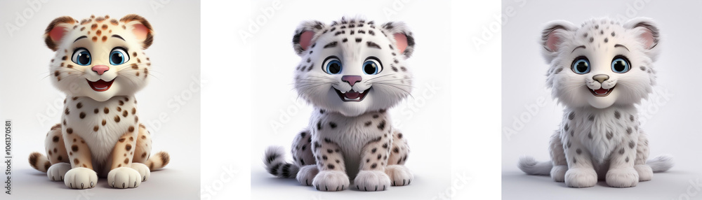 Three cartoon snow leopards in various color palettes sitting and looking at the viewer isolated on a white background. Three cartoon snow leopards in various color palettes sitting and looking at the viewer isolated on a white background.