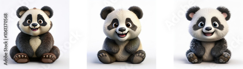 Three cartoon panda cubs are sitting upright, facing the viewer, and smiling with their paws in front of them. They are isolated on a white background.