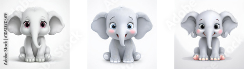 Three cute cartoon baby elephants sitting and smiling with large ears, isolated on white background.