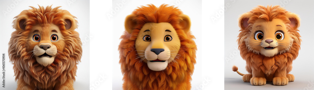 Three cartoon lions with different manes and poses, isolated on white background. Three cartoon lions with different manes and poses, isolated on white background.
