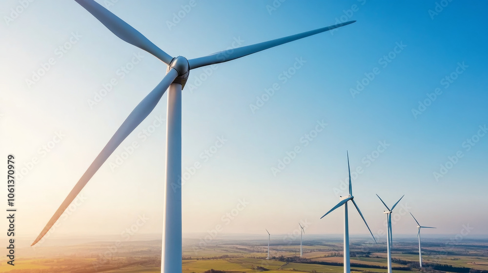 Fototapeta premium Wind turbines stand tall against clear blue sky, showcasing renewable energy in vast landscape. scene evokes sense of sustainability and innovation