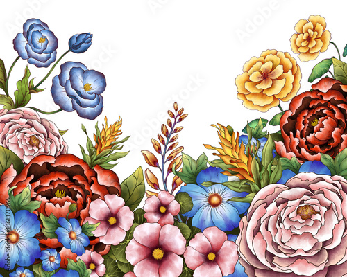 Illustration Colorful Floral Border Frame Background for Banner, Wedding Card, Card Template. Isolated on White Background