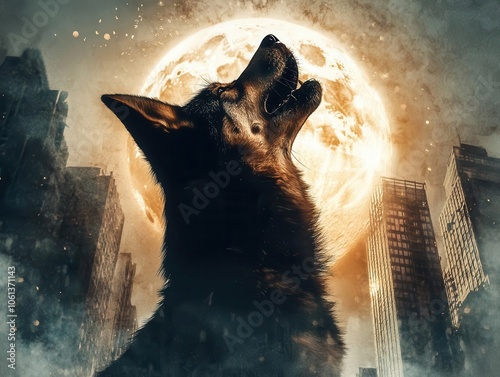 Dog howling silhouette, moonlit skyscrapers within, double exposure, urban night, howling at the city