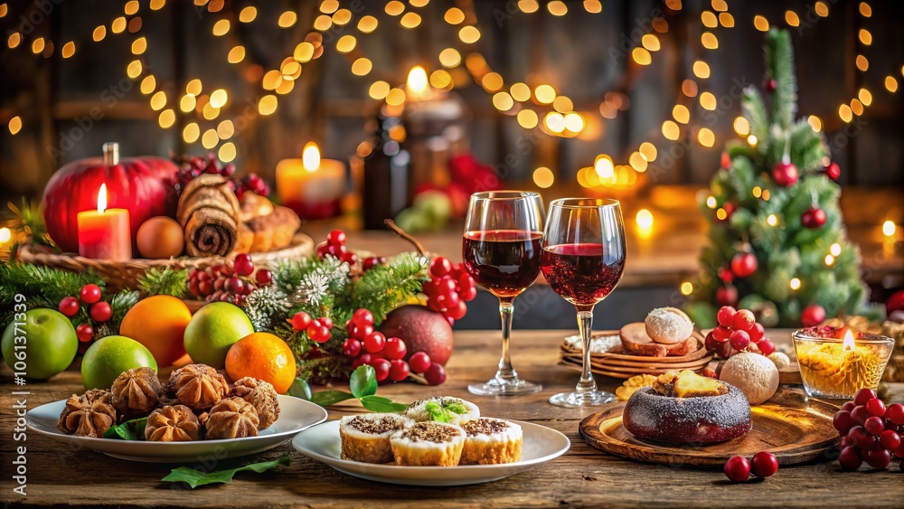 Create a festive Christmas table adorned with wine, fruits, baked goods, and holiday decor, embracing a cozy atmosphere that combines rustic charm and seasonal celebration vibes. Create a festive Christmas table adorned with wine, fruits, baked goods, and holiday decor, embracing a cozy atmosphere that combines rustic charm and seasonal celebration vibes.