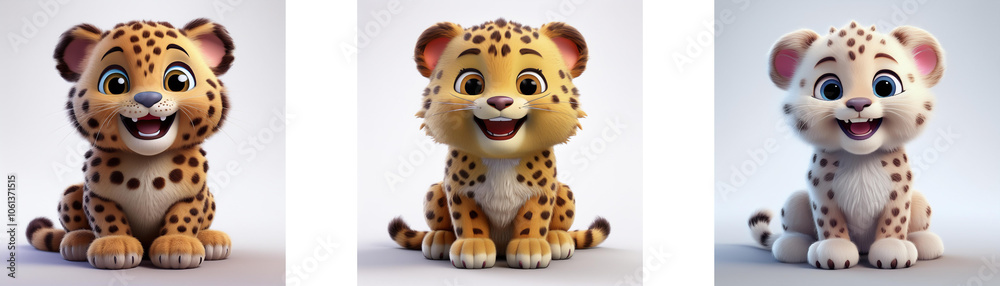 Three cartoon leopards with big eyes are sitting on a white background. Three cartoon leopards with big eyes are sitting on a white background.