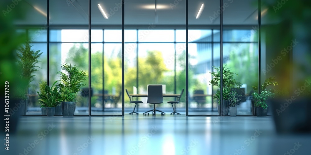 A blurred office conference room with large glass windows, blurred modern office meeting room interior A blurred office conference room with large glass windows, blurred modern office meeting room interior