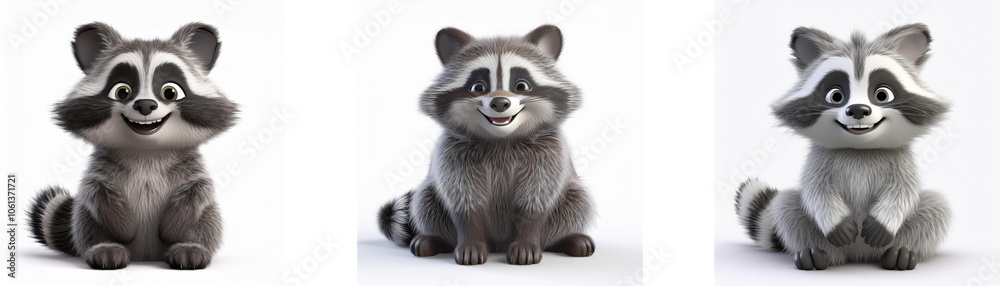 Obraz premium Three cartoon raccoons sitting upright, looking forward with their hands clasped together, isolated on white background.