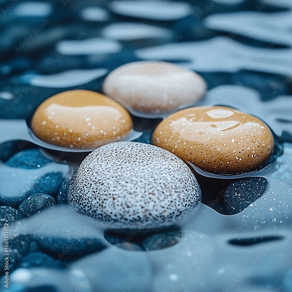 Close up of wet pebbles by shore, showcasing smooth textures and colors. serene water enhances natural beauty of stones, creating calming atmosphere