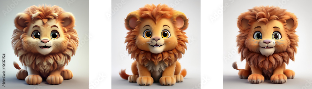 Three cartoon lion cubs with big eyes are sitting and looking at the camera isolated on white background. Three cartoon lion cubs with big eyes are sitting and looking at the camera isolated on white background.