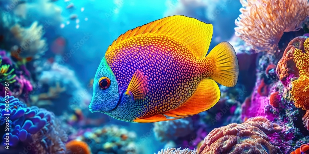 A colorful tropical fish swimming in the ocean, surrounded by coral reefs and marine life..colorful tropical fish in a coral reef on blue sea background,	
