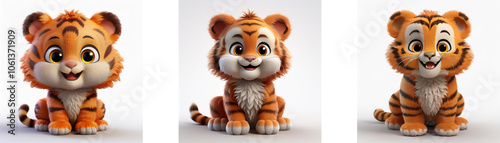 Three cartoon tiger cubs sitting in different poses, isolated on white background.