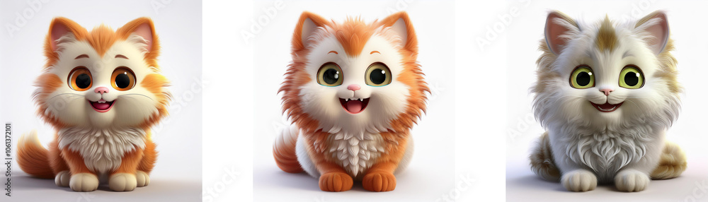 Obraz premium Three cartoon kittens with large eyes, sitting and smiling, isolated on white background.