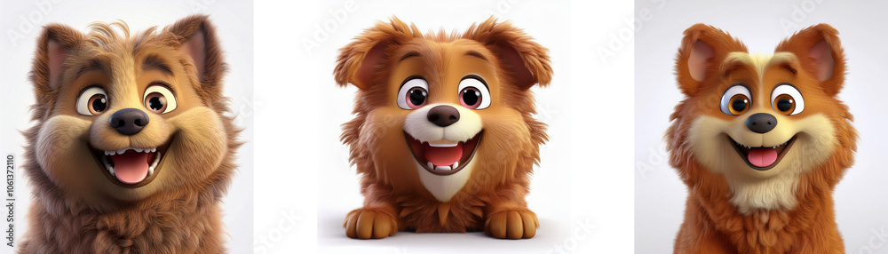 Three cartoon dogs with brown fur, smiling with their tongues out, isolated on white background. Three cartoon dogs with brown fur, smiling with their tongues out, isolated on white background.