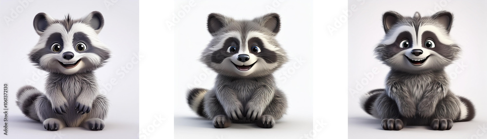 Three cartoon raccoons are sitting on a white background. Three cartoon raccoons are sitting on a white background.