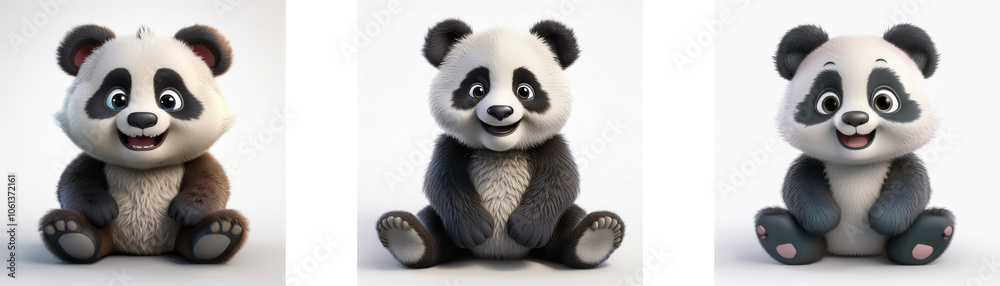 Three cute cartoon pandas sitting, smiling, and looking at the camera. Isolated on white background. Three cute cartoon pandas sitting, smiling, and looking at the camera. Isolated on white background.