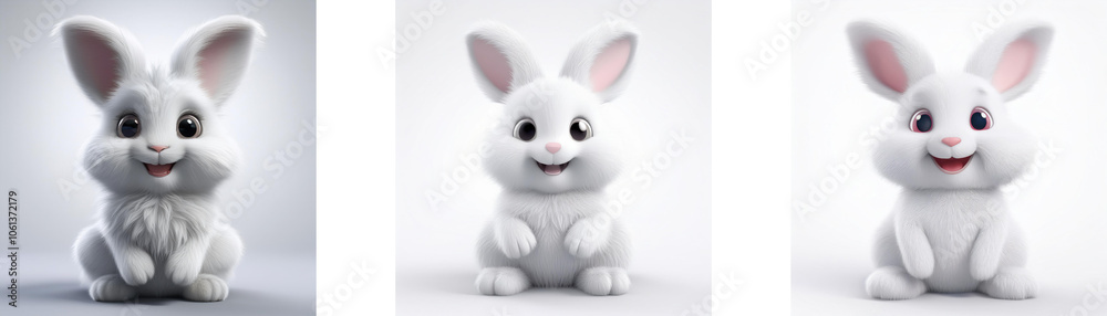 Fototapeta premium Three white cartoon rabbits are sitting in different poses, all with big eyes and smiles. isolated on white background