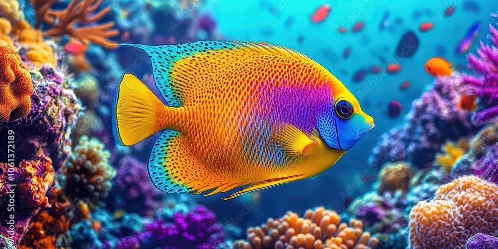 A colorful tropical fish swimming in the ocean, surrounded by coral reefs and marine life..colorful tropical fish in a coral reef on blue sea background,
A colorful tropical fish swimming in the ocean, surrounded by coral reefs and marine life..colorful tropical fish in a coral reef on blue sea background,