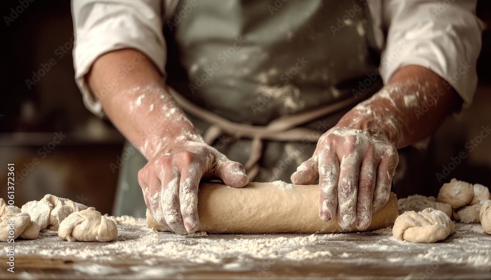 A person kneads dough on a floured surface, showcasing the art of baking. A person kneads dough on a floured surface, showcasing the art of baking.