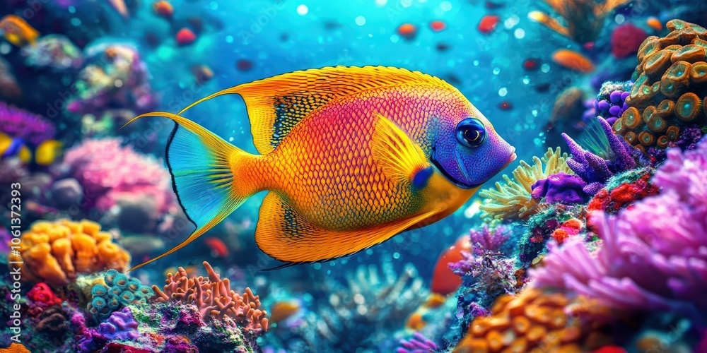 A colorful tropical fish swimming in the ocean, surrounded by coral reefs and marine life..colorful tropical fish in a coral reef on blue sea background,
A colorful tropical fish swimming in the ocean, surrounded by coral reefs and marine life..colorful tropical fish in a coral reef on blue sea background,