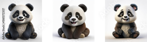Three cartoon pandas sitting with their legs crossed and smiling isolated on white background.