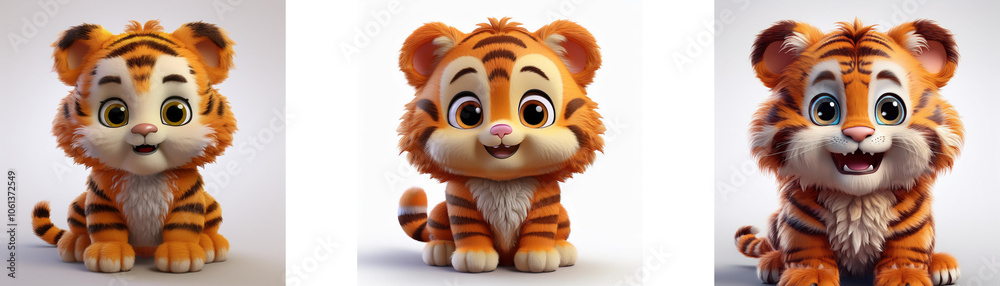 Obraz premium Three cute cartoon tigers in different poses, isolated on white background.