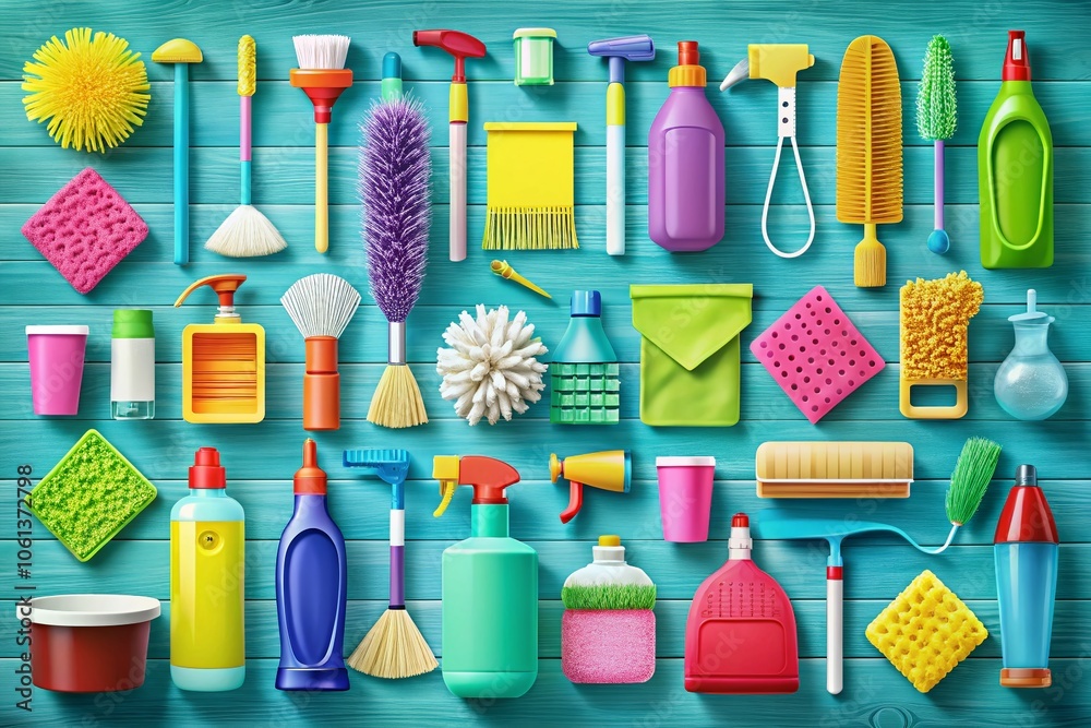 Comprehensive Collection of Cleaning Tools and Detergents for Household Cleaning Services in a Panoramic View, Featuring Linear Illustrations of Essential Supplies and Equipment Comprehensive Collection of Cleaning Tools and Detergents for Household Cleaning Services in a Panoramic View, Featuring Linear Illustrations of Essential Supplies and Equipment