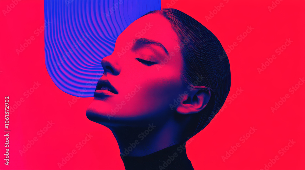 This striking image features woman with serene expression against ...