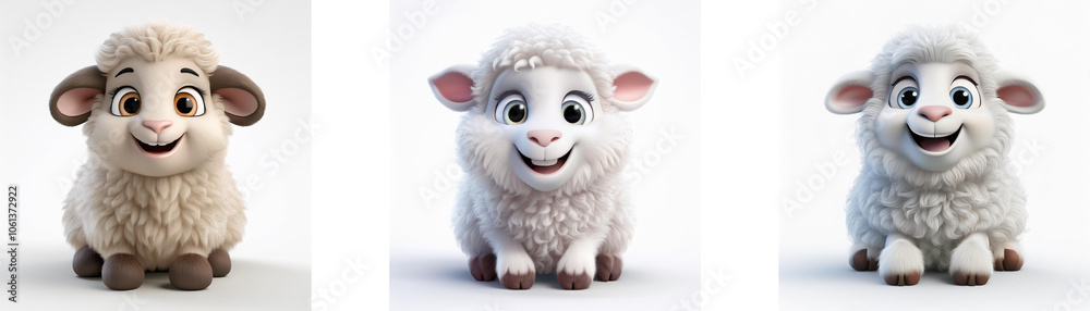 Three cartoon lambs, each with a different shade of white fur, smiling with big eyes, isolated on white background. Three cartoon lambs, each with a different shade of white fur, smiling with big eyes, isolated on white background.