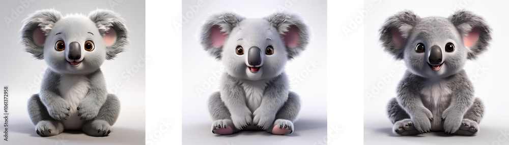 Three cute koala bears sitting in different poses isolated on white background. Three cute koala bears sitting in different poses isolated on white background.