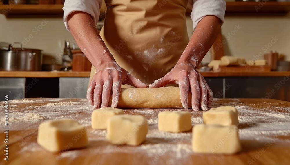 A person is rolling dough on a wooden surface, surrounded by flour and cut pieces of dough, showcasing the process of baking. A person is rolling dough on a wooden surface, surrounded by flour and cut pieces of dough, showcasing the process of baking.