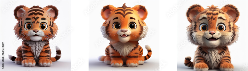 Three cartoon tiger cubs are sitting on a white background. Three cartoon tiger cubs are sitting on a white background.
