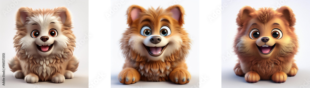 Three cartoon dogs with brown fur and big eyes are smiling. They are isolated on white background. Three cartoon dogs with brown fur and big eyes are smiling. They are isolated on white background.
