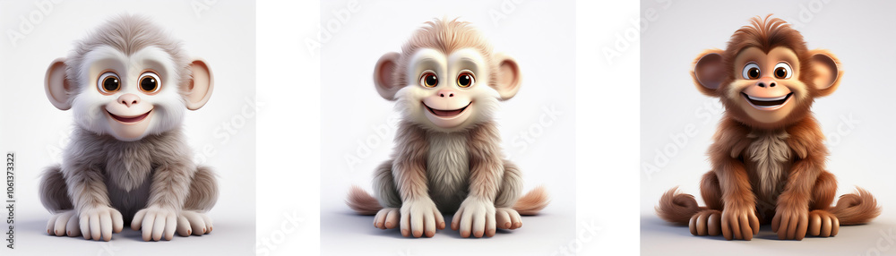 Fototapeta premium Three cartoon monkeys with different fur colors are sitting in a row, isolated on white background.