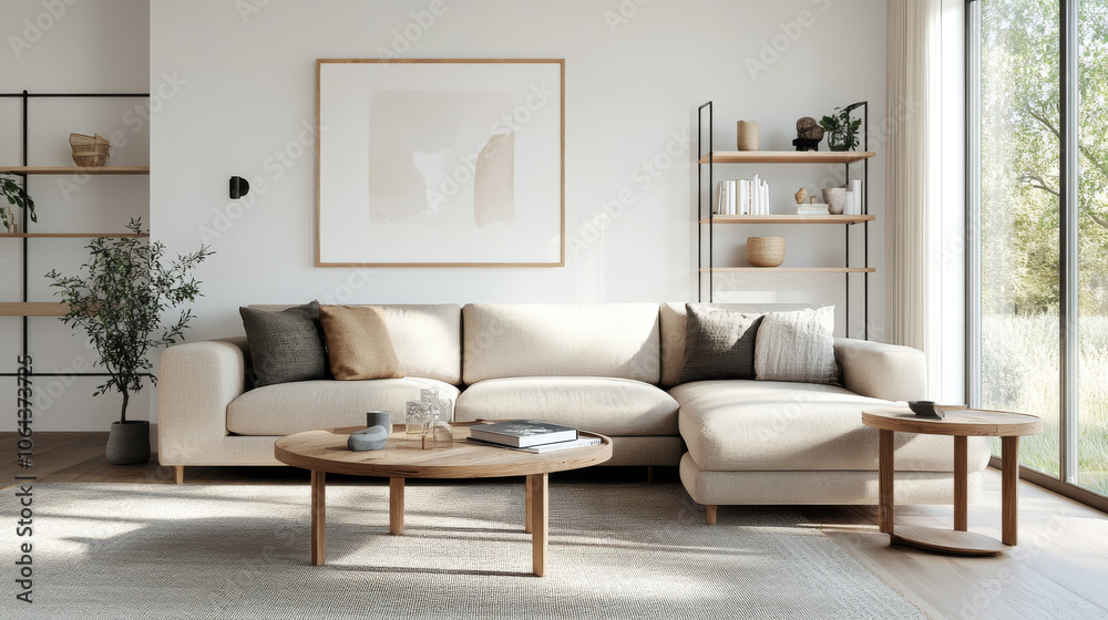 custom made wallpaper toronto digitalA modern living room featuring cozy beige sectional sofa adorned with decorative pillows, complemented by wooden coffee tables and stylish bookshelf. large windows allow natural light to fill space, c