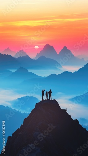 Silhouetted Couple on Mountain Peak Pointing at Colorful Sunrise, Panoramic View of Misty Mountains in Background, Travel Concept