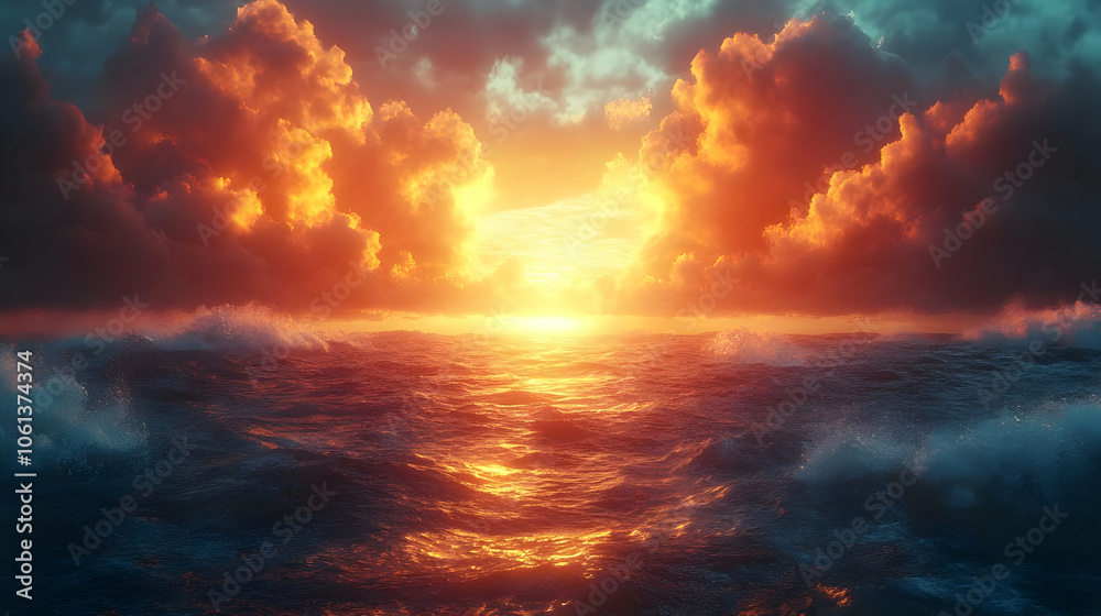 Fiery Sunset over a Dramatic Ocean - Realistic Background Image Fiery Sunset over a Dramatic Ocean - Realistic Background Image