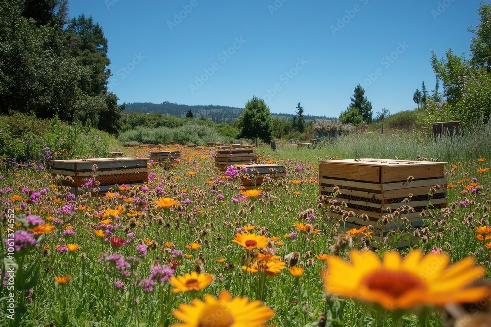 Beehives nestled in a field of wildflowers, with a clear blue sky above. Beehives nestled in a field of wildflowers, with a clear blue sky above.