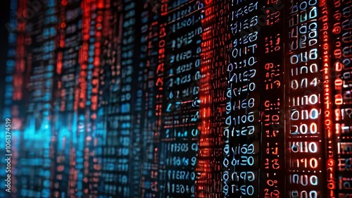 Futuristic Technology Concept Featuring Glowing Blue and Black Digital Binary Code. Soft Neon Lights
