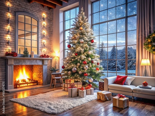 Cozy Christmas Interior Design with White Decor, Fireplace, Snowy Tree, and Construction Site Backdrop for Holiday Spirit