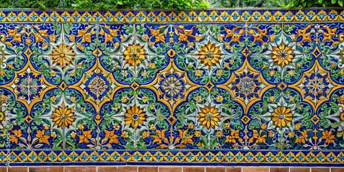 A vibrant wall of ceramic tiles, adorned with intricate floral motifs in hues of blue, yellow, and green, showcasing the artistry of intricate patterns and textures.