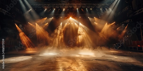Empty concert stage with illuminated spotlights and smoke. Stage background , white spotlight and smoke	
