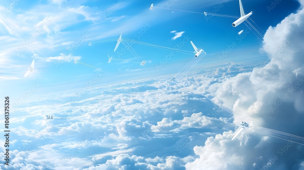 Fototapeta premium Airborne Wind Energy Farm with Drones and Kites Harnessing Upper Atmosphere s Strong Winds to Generate Clean Electricity