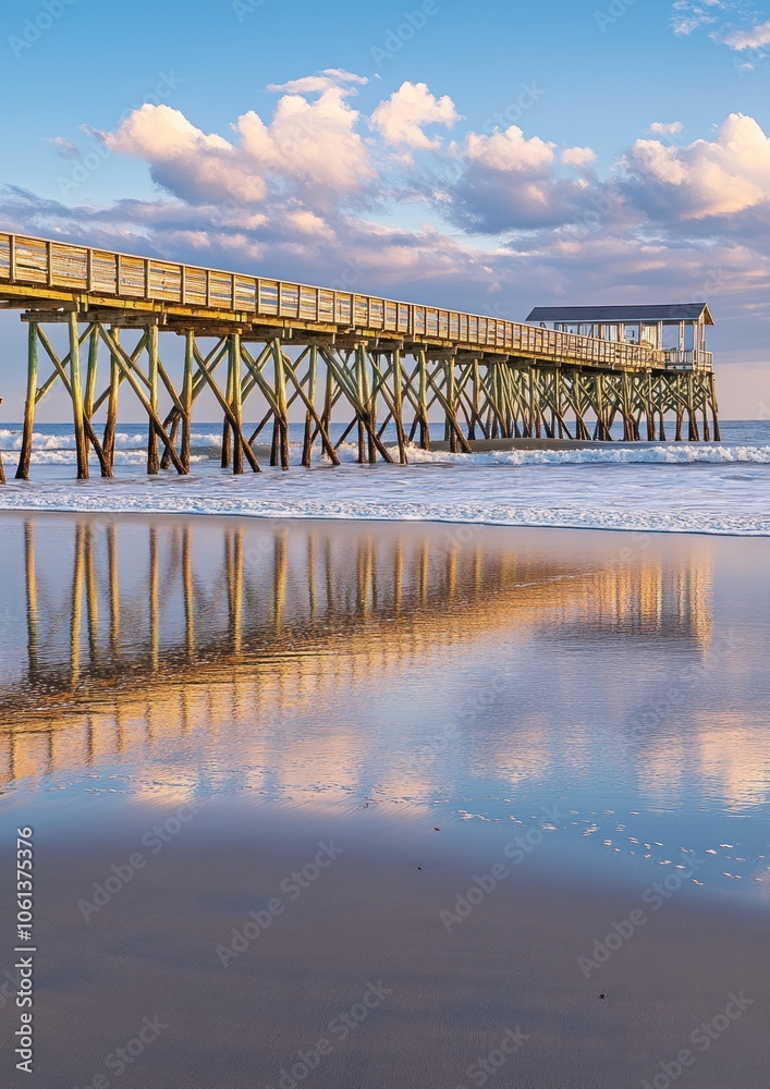 Fototapeta premium A serene beach scene featuring a wooden pier extending into the ocean at sunset.