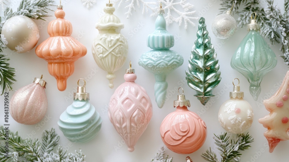 Pastel Christmas Ornaments with Snow-Covered Pine Branches Pastel Christmas Ornaments with Snow-Covered Pine Branches