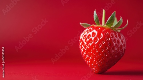 Single Strawberry on Red Background