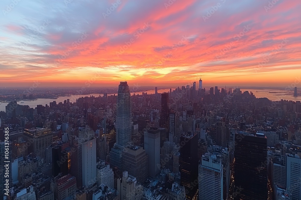 Obraz premium Aerial view of New York City skyline at sunset with dramatic pink and orange clouds.