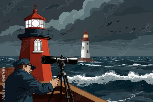 a captain, looking through binoculars, on a boat, in a stormy ocean AI generated image