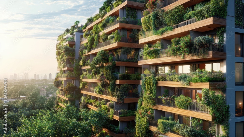 Obraz premium Lush Green Vertical Garden Apartments with Balconies and City Skyline